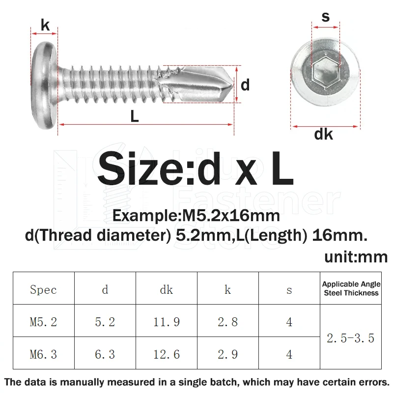 10~100pcs M5.5 M6.3 410 Stainless Steel Flat Head Hexagonal Drill Tail Self-tapping Screw Dovetail Guardrail Screw for Ironplate