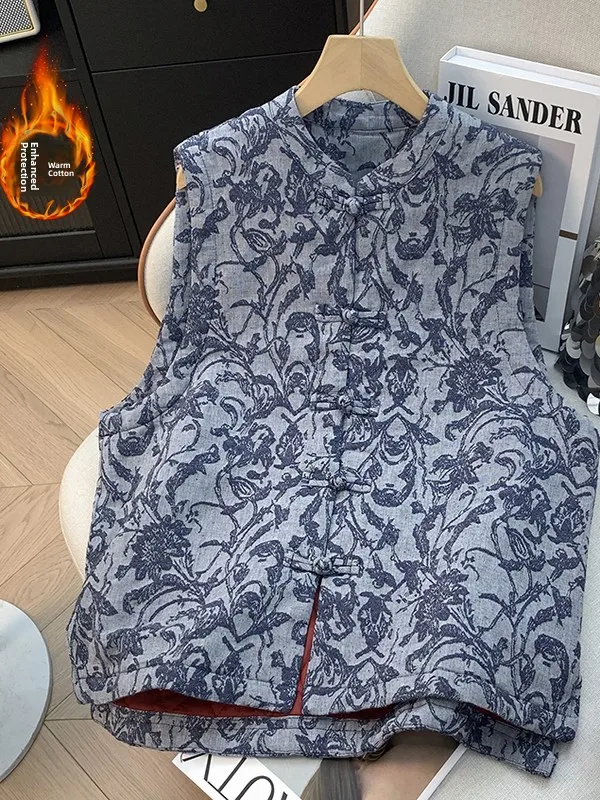 

2025 Winter New Sle Women's Loose Retro Artistic Cotton Linen Buttoned Vest Layering Outerwear Tank Top Thiened Plant Floral