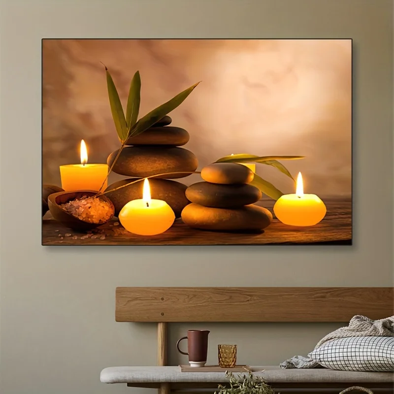 1pc Art Candles and Massage Stones Simple Relaxation Calm Painting Wall Art Poster Home Decor Canvas Painting, Frameless