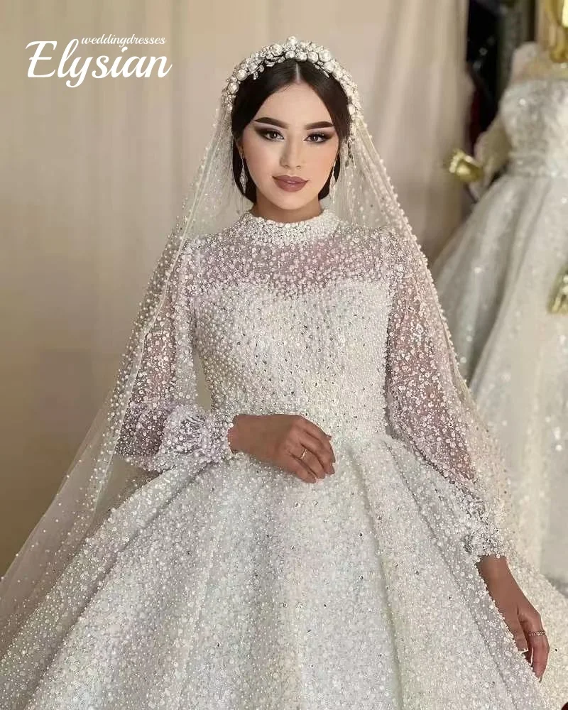 فساتين زفاف كريستال رائعة مخصصة لؤلؤ الزفاف فستاين سهرة/فساتين الحفلات الرقبة العالية الترتر Vestido de novia