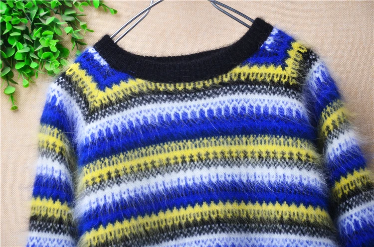 Ladies Women Fashion Blue Striped Hairy Mink Cashmere Knitted Long Sleeves O-Neck Slim Blouse Angora Fur Pullover Jumper Sweater