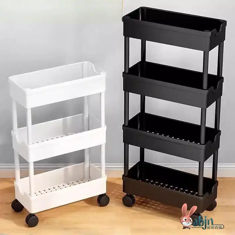 Estante Organizadora de Chão Multiuso com Rodas, Estilo Simples, Plástico, para Banheiro e Lateral de Geladeira, Prateleira de Cozinha