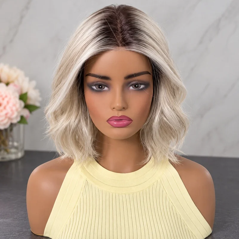 MONO Glueless Bob Wig for Women Ash Blonde Highlight Dark Roots Short Wavy Soft Synthetic Hair Middle Part Natural Scalp