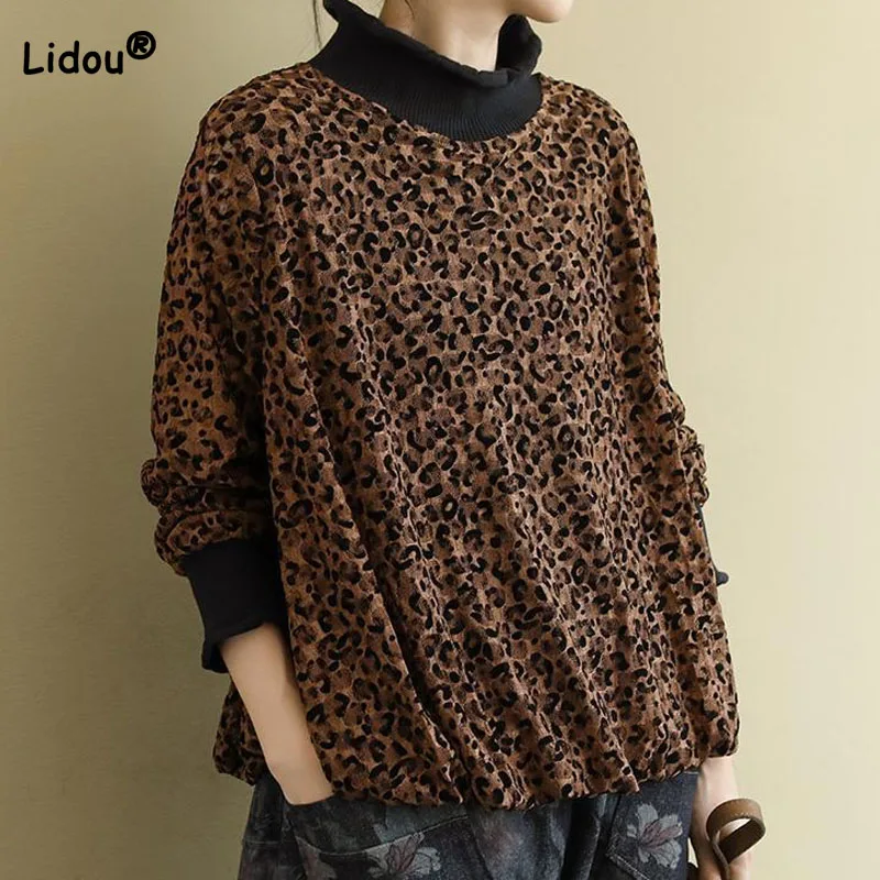 Vintage Casual Leopard Turtleneck Tops for Female Autumn Winter All-match Loose Long Sleeve Pullovers Fashion Women\'s Clothing