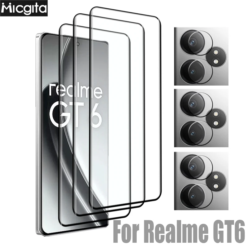 9D Curved Glass Protector For Realme GT6 Tempered Front Film and Soft Fiber Lens film For Realme GT6