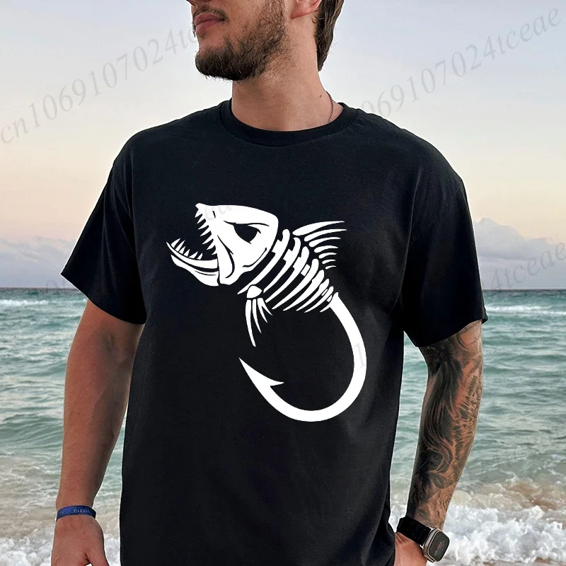 Men Retro Fish Skeleton Fish Hook Graphic T Shirt Loose Short Sleeve Tees Outdoor Fishing Lover Casual Tops Fisherman Gift Tee
