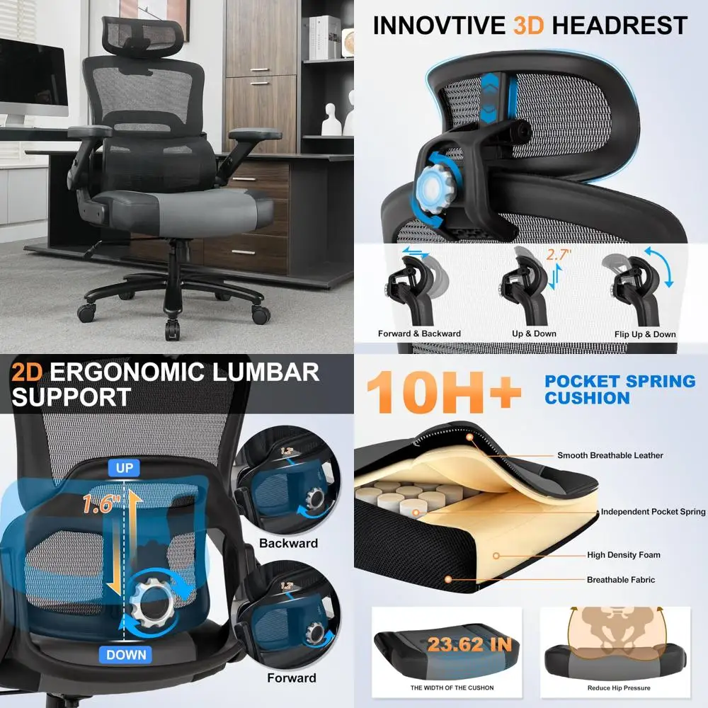 "كرسي مكتب عالي الظهر شبكي مريح بسعة 500 رطل مع أذرع قابلة للطي" #1