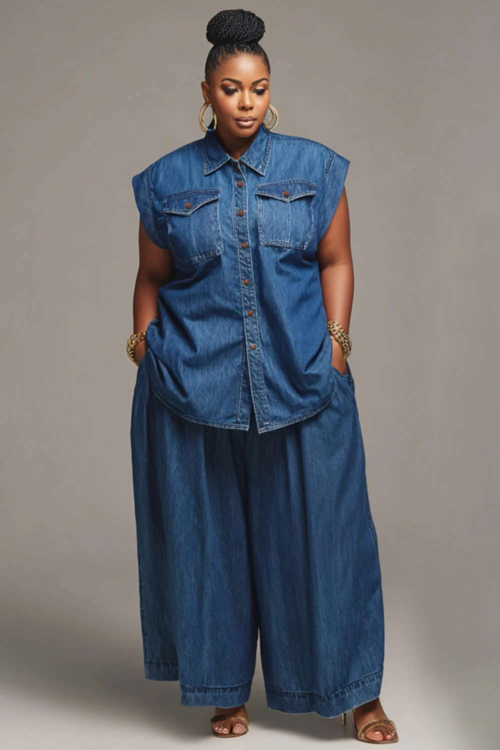 

Plus Size Business Casual Blue Shirt Collar Pocket Denim Two Piece Pant Sets