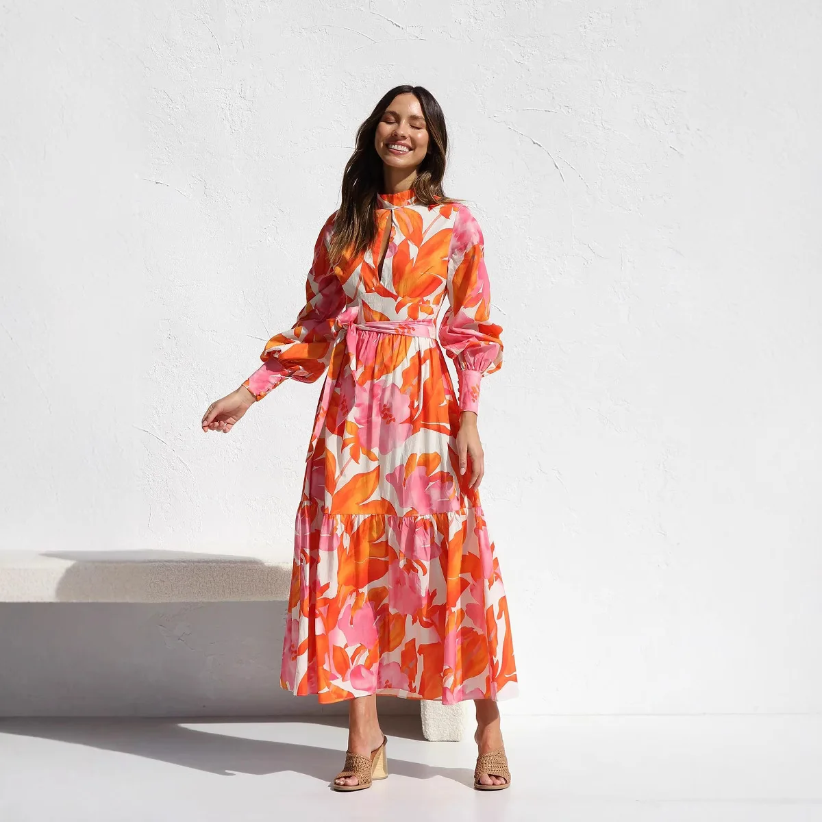 

25 Year Fashion New Printed Pleated Oversized Folded Waist Lantern Sleeve Jumpsuit Long Skirt -23124