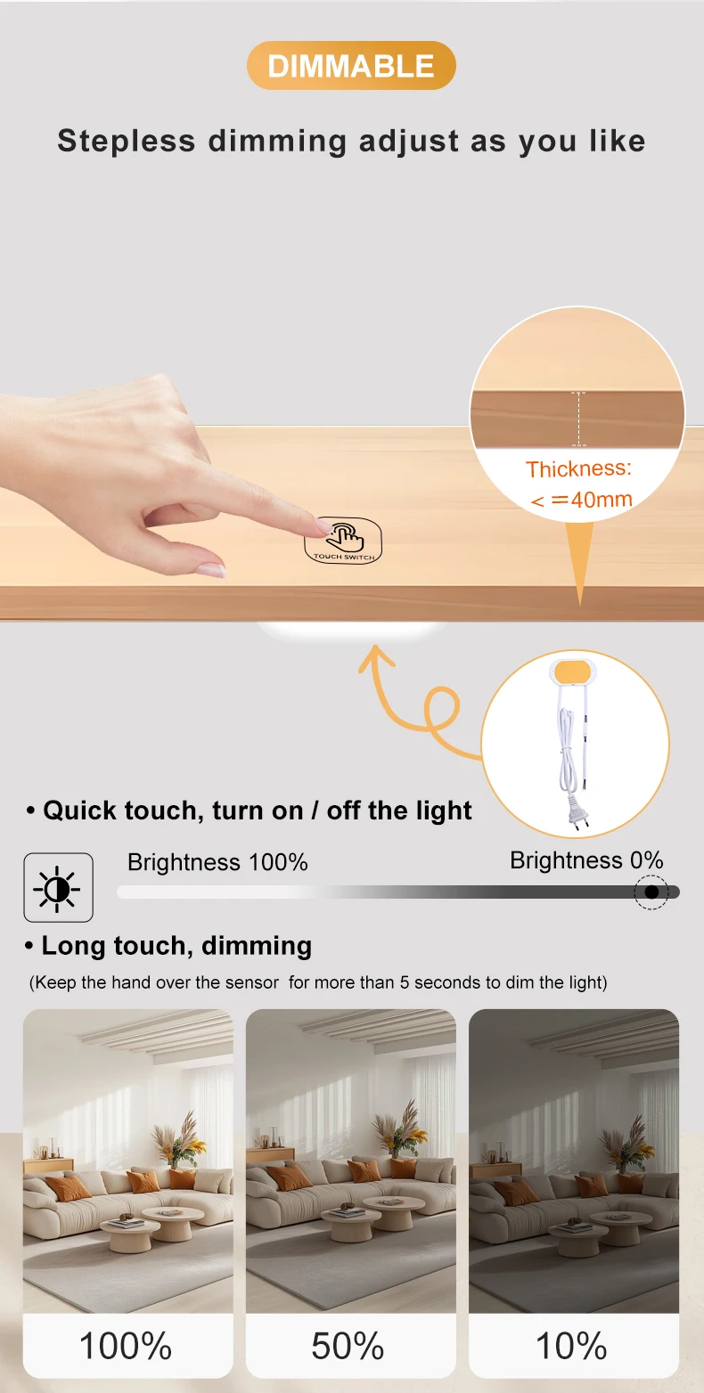 Hochspannungs-LED-Berührungsschalter AC 85V-265V Schrankbeleuchtungssteuerung bis zu 40mm Dicke mit Ein/Aus-Funktion und Helligkeitsregulierung – Detail 7