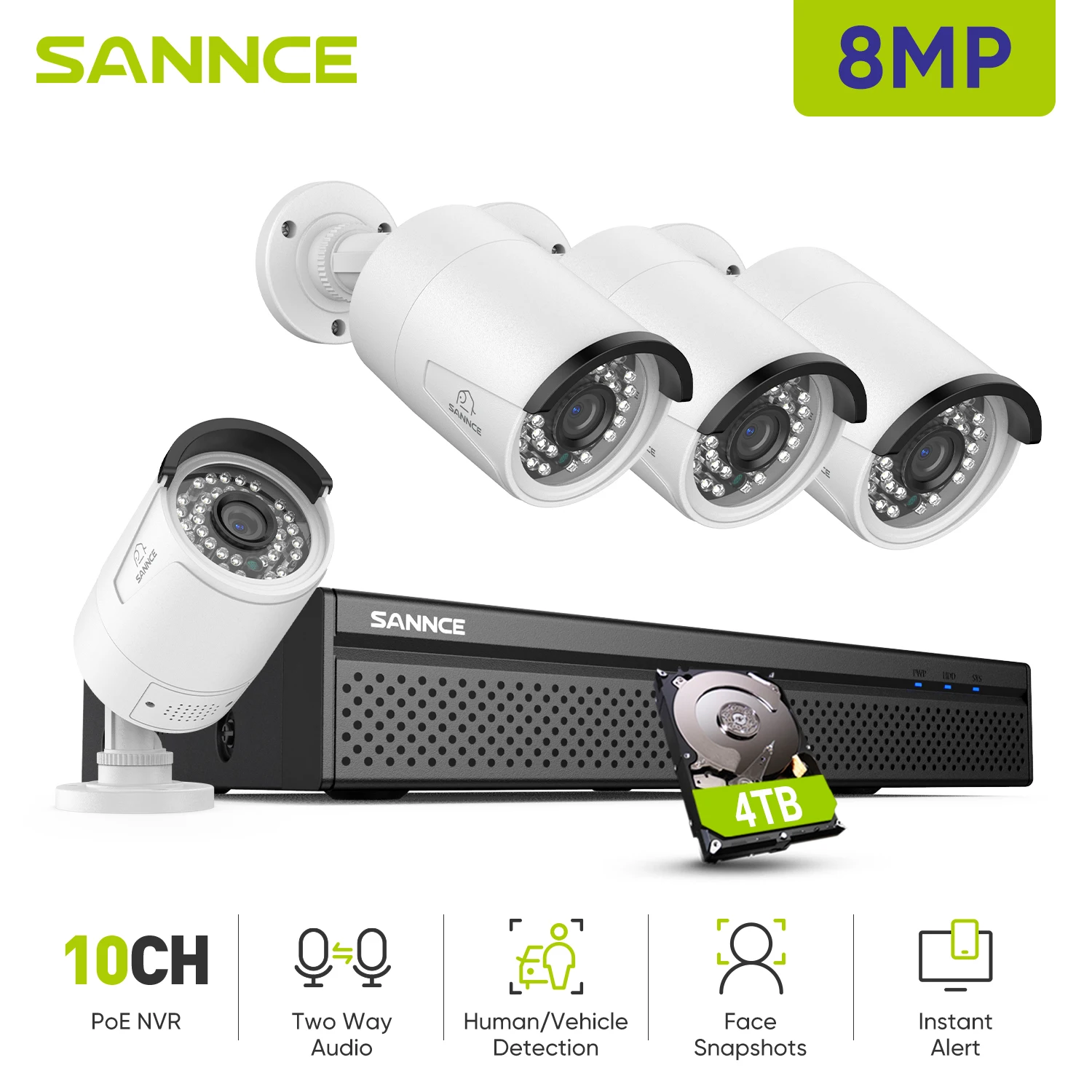 sannce sistema de vigilancia por video 4k ultra hd poe 8ch poe mais 2ch nvr com cameras de seguranca kit cctv gravacao de audio camera ip 8mp 01