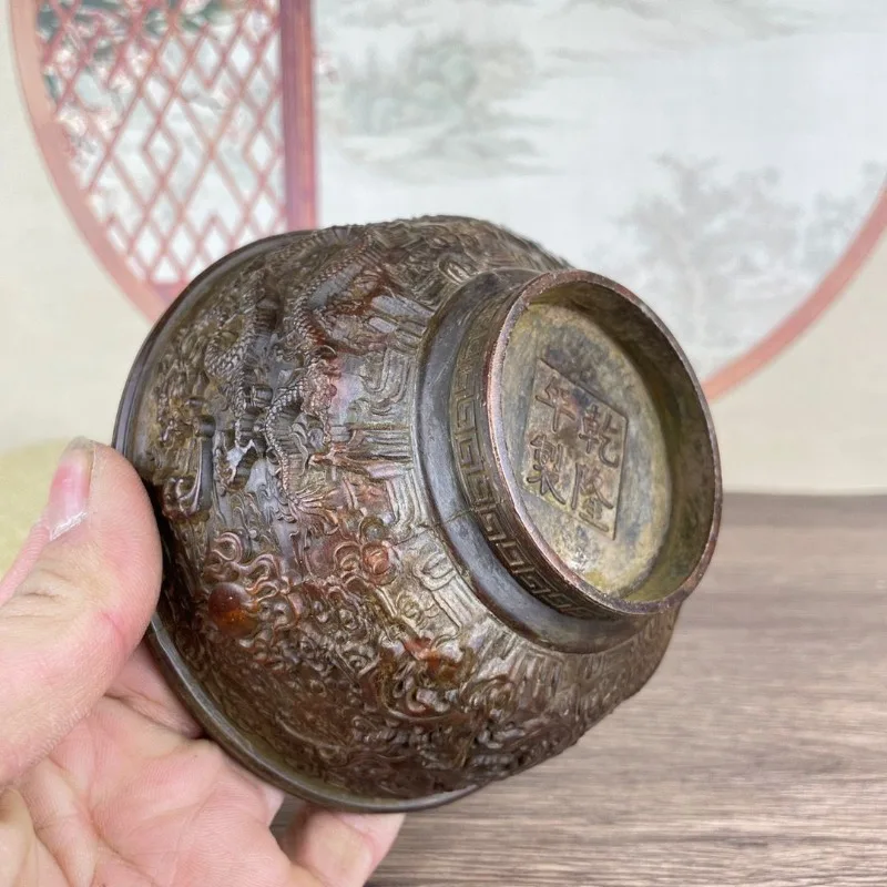 Vintage Dragon Phoenix Bowl Treasure Pot Ornament for Attracting Wealth Metal Desk Decorations Collectible Figurine Home Decor