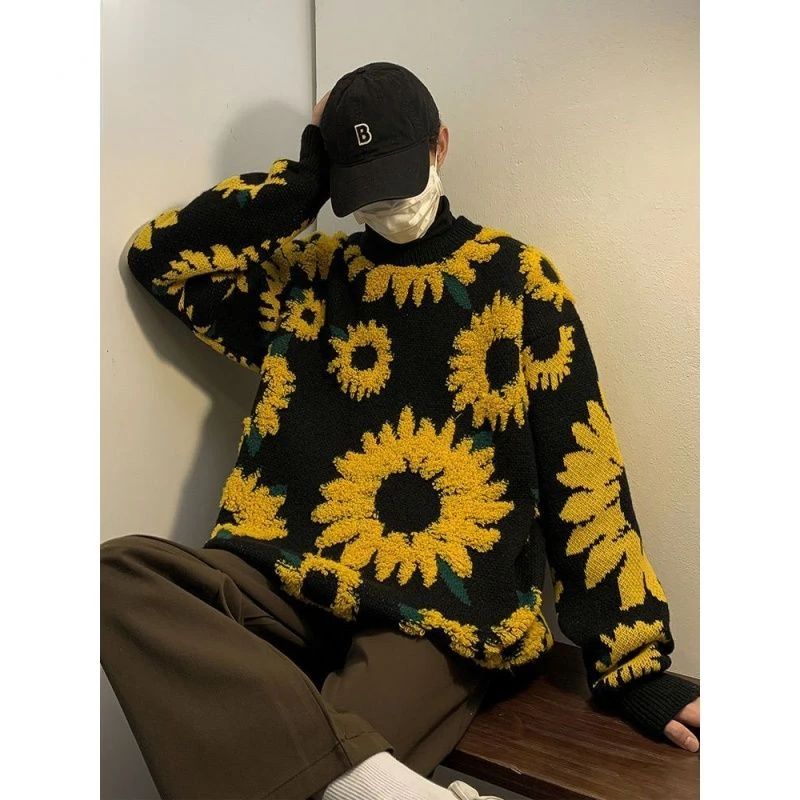 Vintage Sunflower Sweater Men Clothes Autumn Winter Warm Pullover Streetwear Loose Big Size Knit Couple Clothing O-neck Sweater