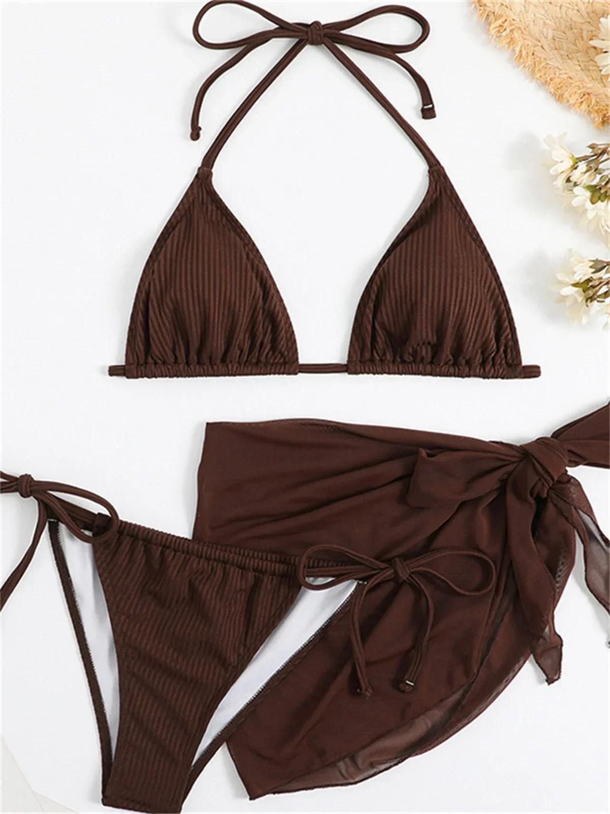 Sexy Solid Brown bikini Set donna Ribbed Halter Push Up Mesh gonna costume da bagno 2024 Mujer costume da bagno brasiliano Cover Up Swimwear