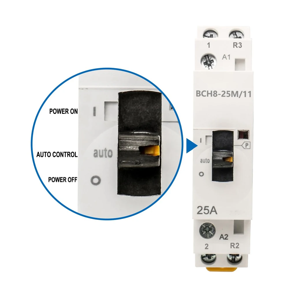 

ABILKEEN BCH8-25M/11 25A Ручной бытовой контактор переменного тока 2 полюса 1NO1NC 50/60 Гц Модульная схема контактора Ручное/автоматическое управление