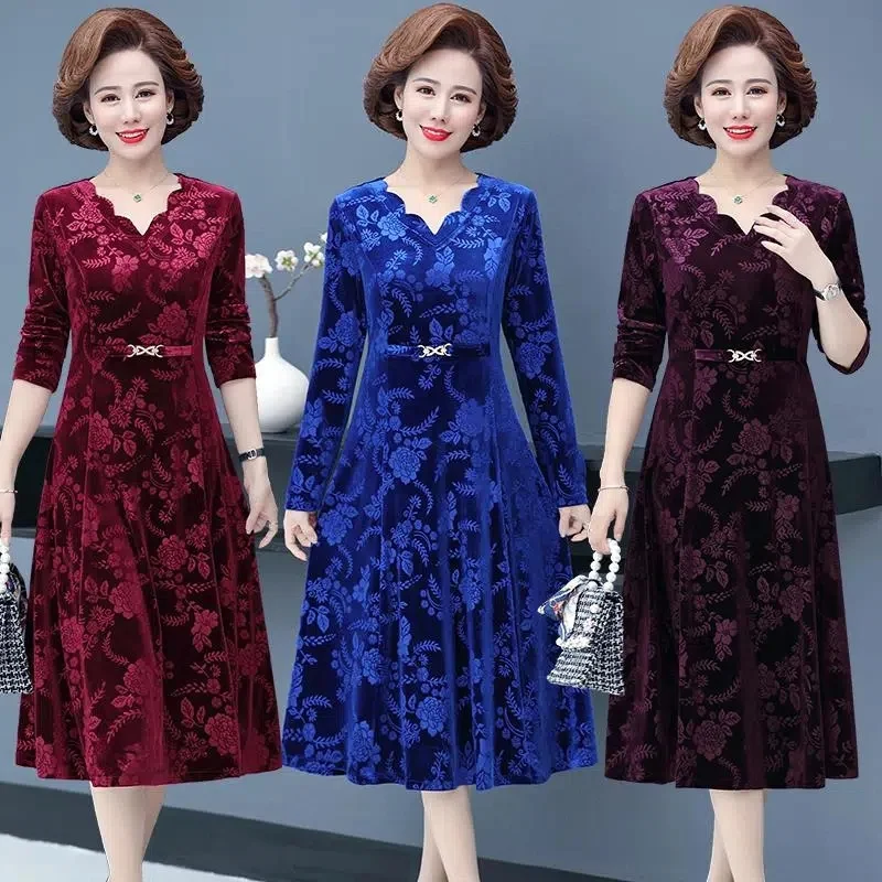 Middle-Aged And Elderly Female Autumn High Pressure Flower V-Neck Dress Temperament Long Sleeve Long Mother Dress Female Elegant