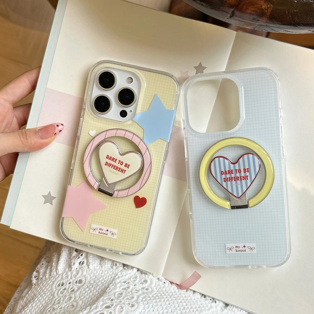 

Свежий простой сетчатый узор, розовая, синяя звезда, складная любовь с держателем, магнитный чехол для телефона для iPhone 17, 16, 15, 14, 13 Pro Max 17Air