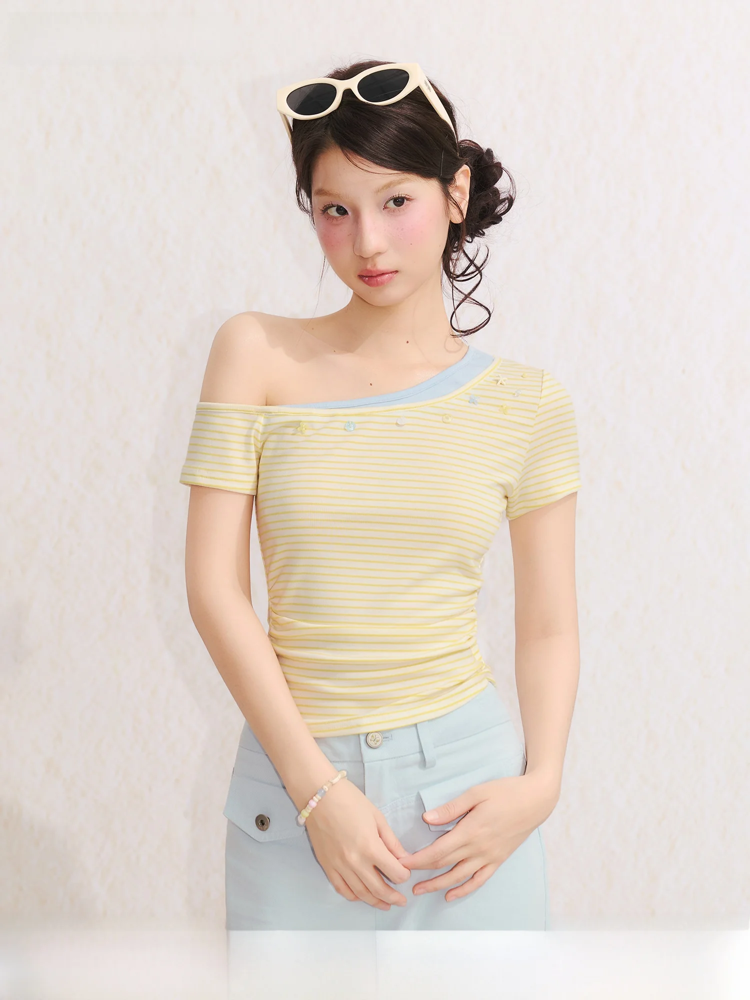 

Sweet Style Holiday T-Shirt Umoumo Short Sleeve Gathered Waist Drawstring Shoulder Stripe Pattern Women's Fashion China
