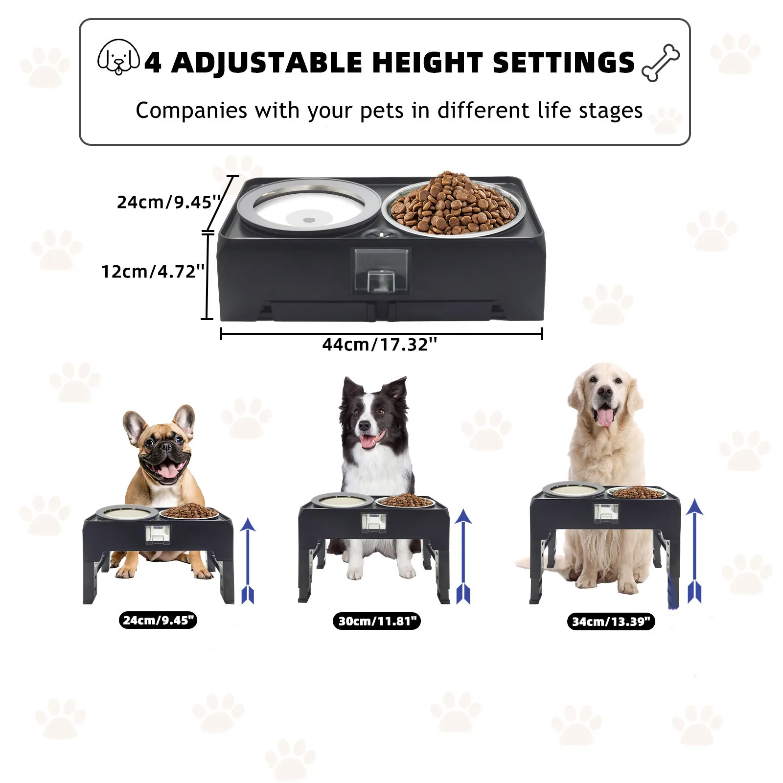 2-in-1 Adjustable Raised Dog Feeder With Double Stainless Steel Bowls For Small Medium & Large Dogs And Cats - Promotes Healthy