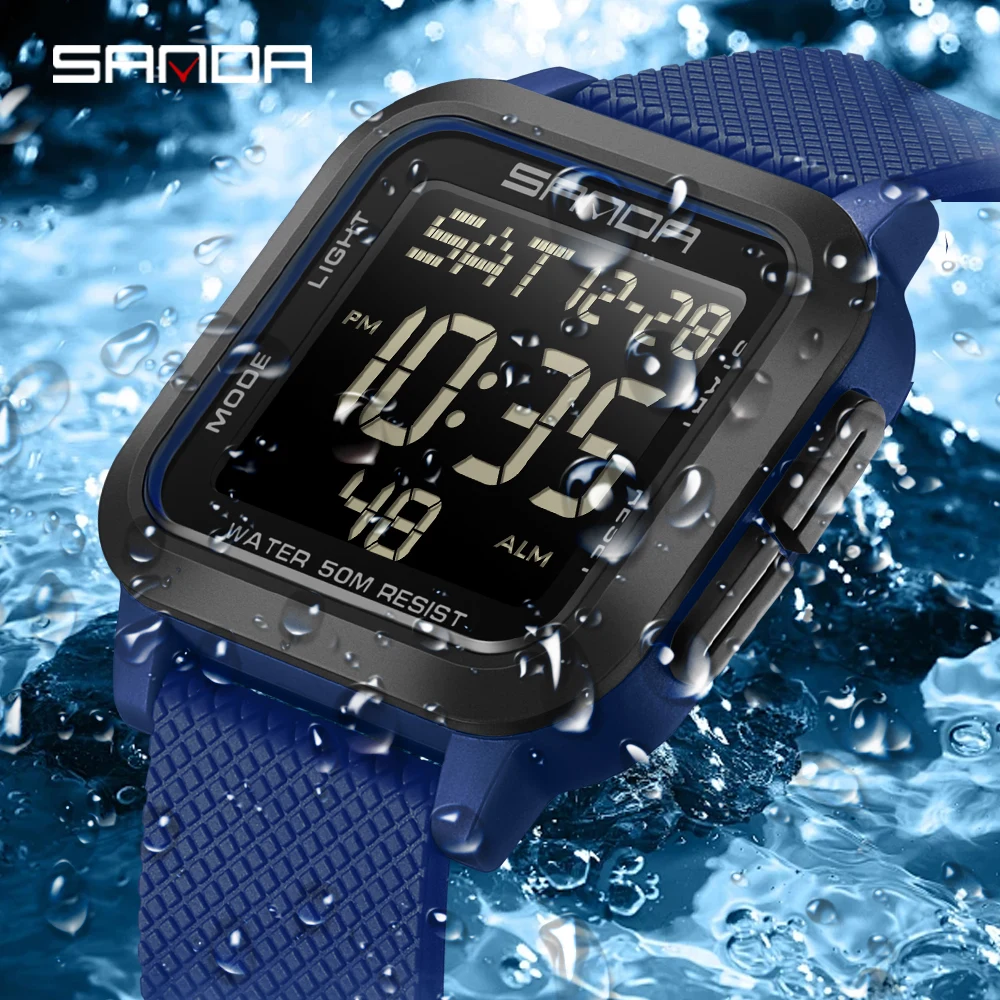 SANDA Waterproof Casual LED Digital Watch Mens Multifunctional Timing Electronic Clock Calendar Alarm Military Square Watch 2194 view 5