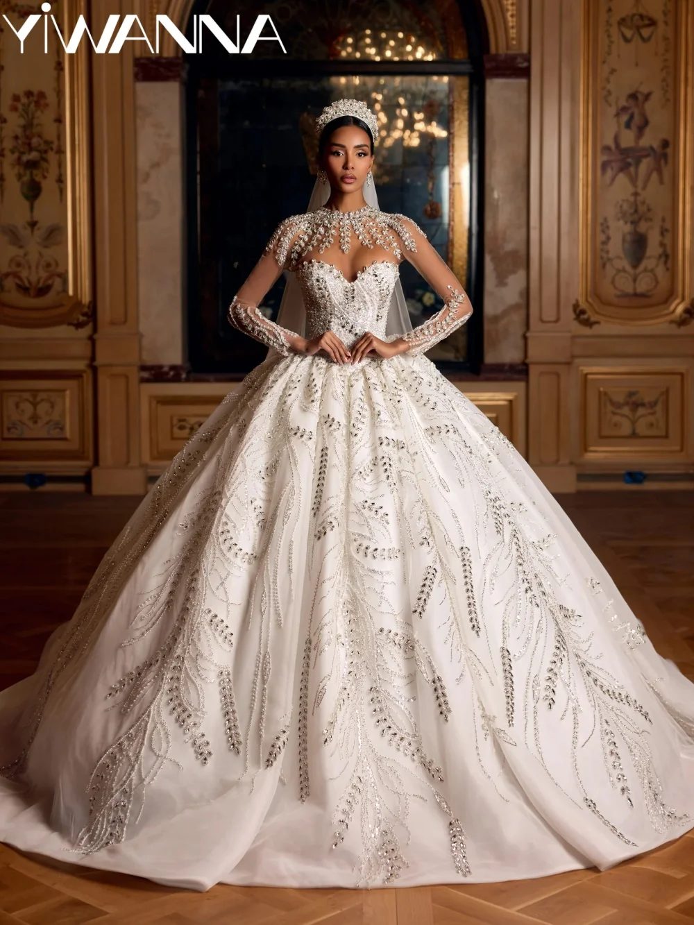 Silver Rhinestones Luxurious Wedding Dress Captivating Beaded High Collar Bridal Gown Customized Long Sleeved Dresses For Bride