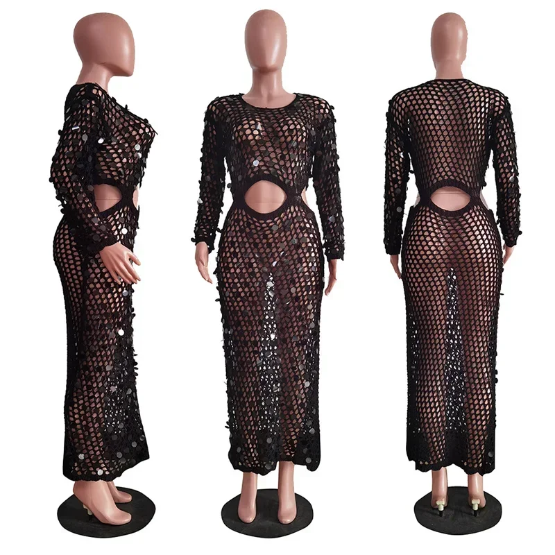 Sexy Sequined Crochet Knitted Beach Dress for Women Summer See-through Cover Up Bodycon Maxi Dress Vacation Club Party Dresses