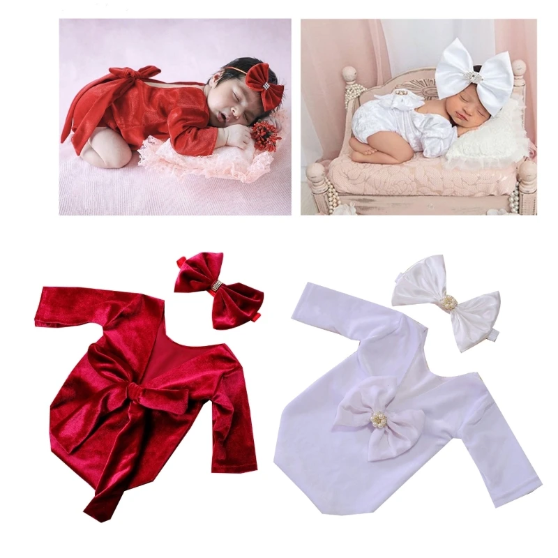 Accesorios para fotografía niña 0 a 2 meses, mono sin espalda, diadema con lazo, mono para foto D5QA