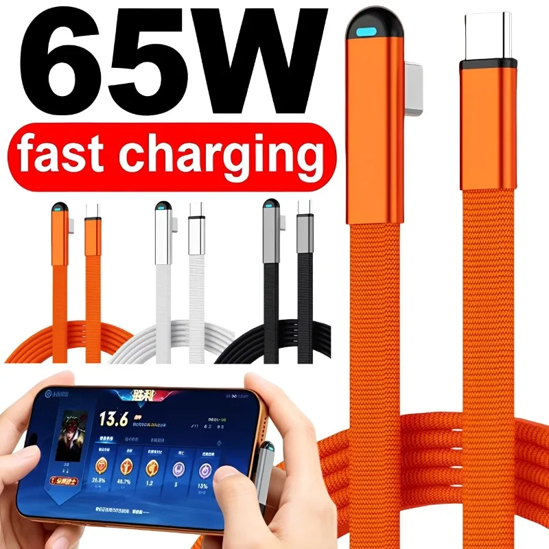 1M 65W 90° Degree Elbow USB C To Type C Cable Charger Fast Charging Cable for iPhone 17 18 Xiaomi Data Wire Cord with Light
