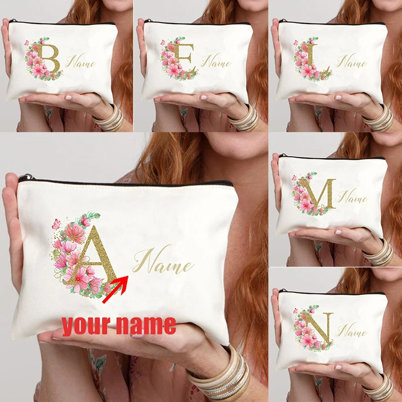 Bolsa de maquillaje personalizada con patrón de letras y flores, bolsa de artículos de tocador para mujer, accesorios de viaje, regalo, bolsa de almacenamiento multifuncional, billetera