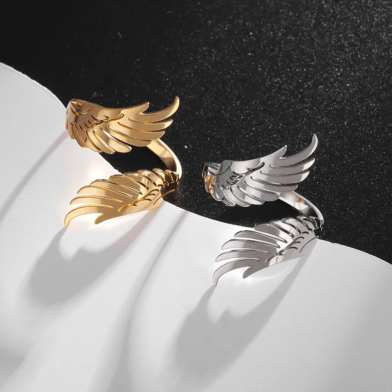 Stainless Steel Angel Wing Ring Opening Adjustable Feather Jewelry Suitable for Men Women Couples Anniversary Gifts