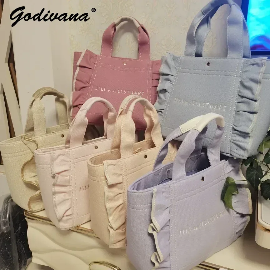 Bolso japonés con volantes y letras bordadas para niñas, bolso de mano de lona portátil con cuentas de diamantes de imitación para mujer, bolsos de