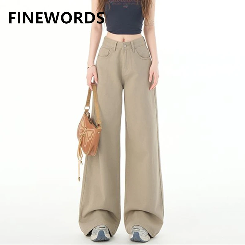 

FINEWORDS Vintage Solid Korean Baggy Jeans Women Easymatch Basic High Waist Jeans Streetwear Daily Wear Wide Leg Denim Pants