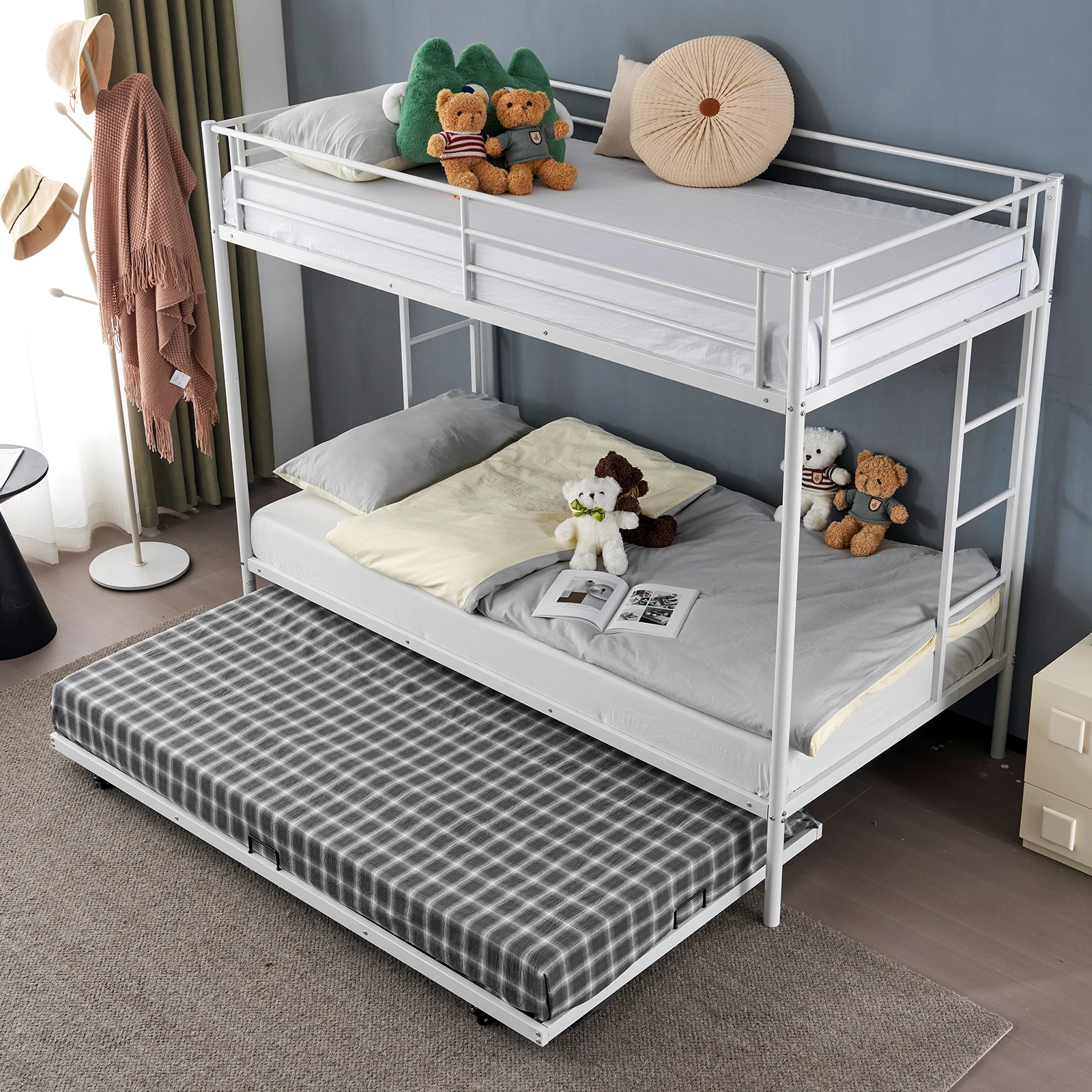 Bedroom Duplex Upper Bunk Iron Bed Double-layer Multi-functional Wrought Bed High Low Bed With Two Side Ladder And Guardrails