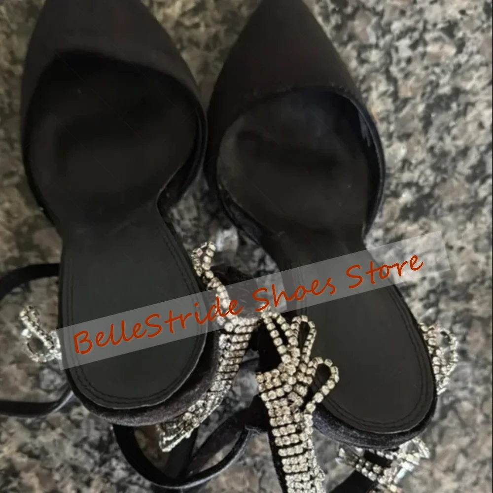 블랙 크리스탈 태슬 포인티드 토 부츠 버클 스트랩 여성 신발 얇은 하이힐 파티 연회 데이트 2025 여성용 신발