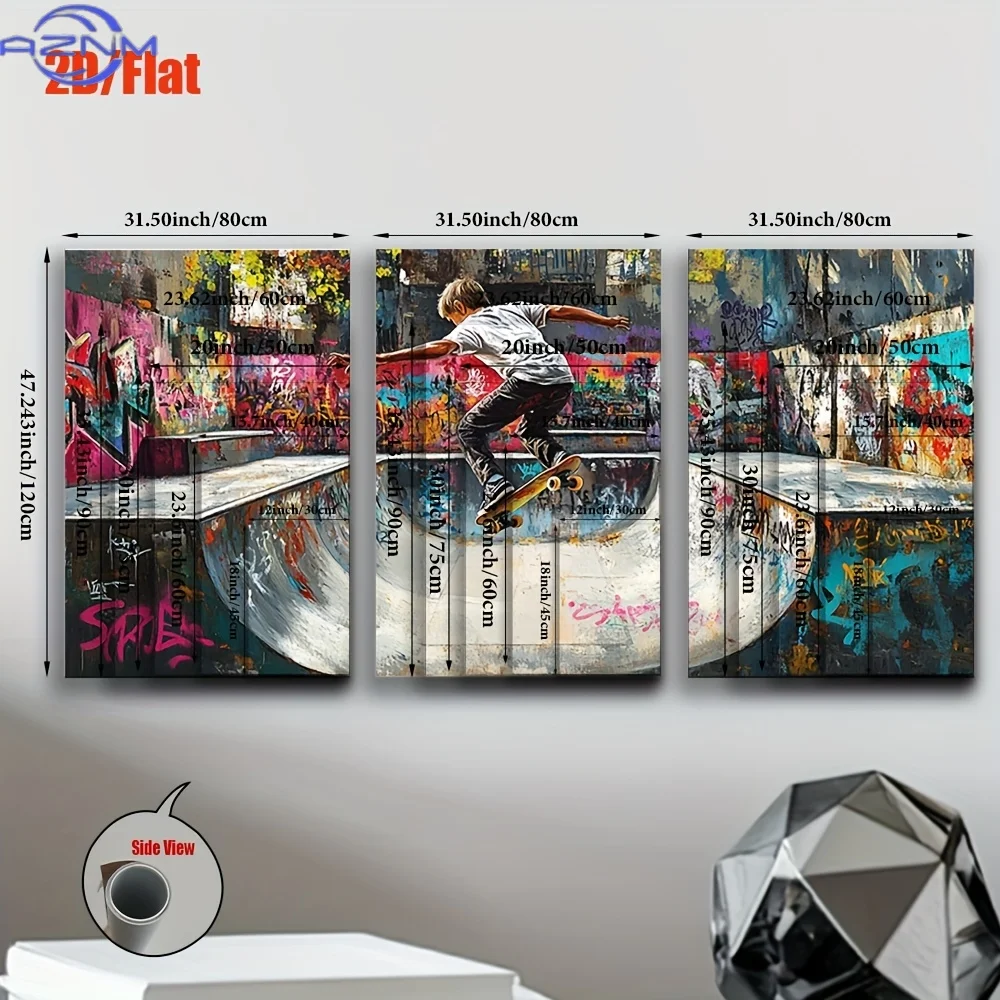 Set of 3pcs, Frameless  Canvas Artworks Featuring a Skateboarder Performing Tricks, Suitable for Posters And Prints in Living