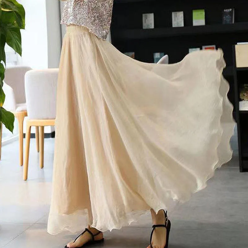 

Elegant Women's Solid Color Temperament Skirt Summer Fashion All-match Elastic High Waist Loose Chiffon Skirt Female Clothing