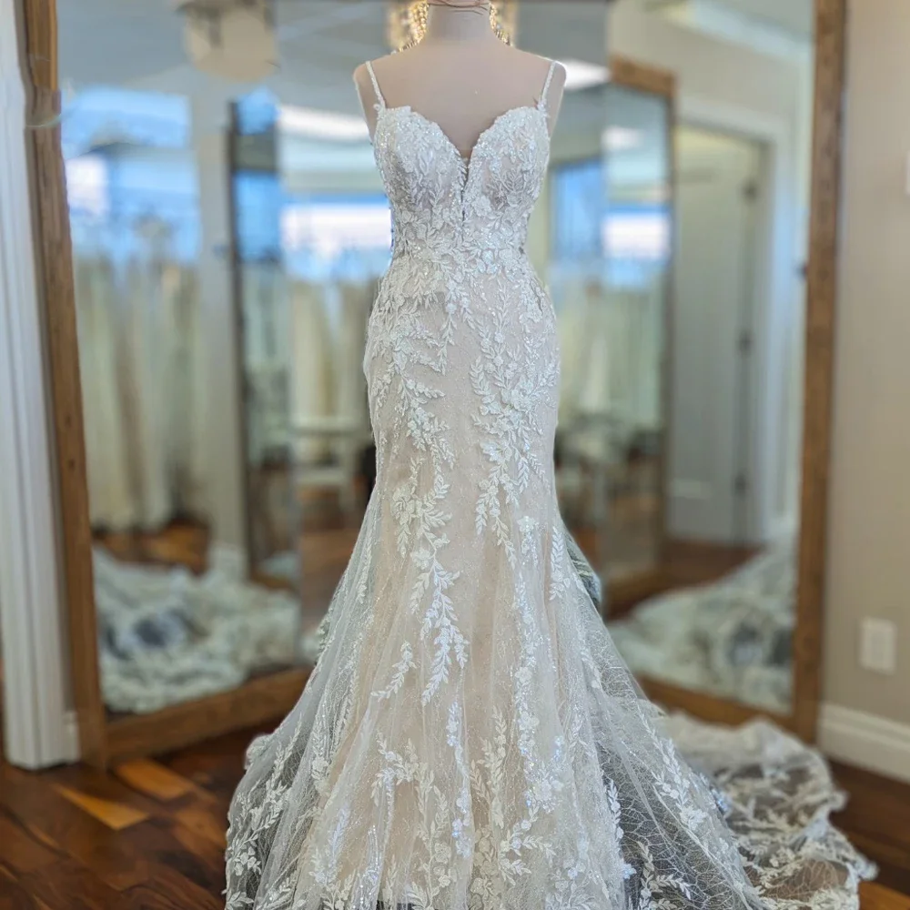 

Flavinke Customized Charming Spaghetti Straps Wedding Dresses 2025 for Bride Lace Appliques Sleeveless Mermaid Vestidos De Novia