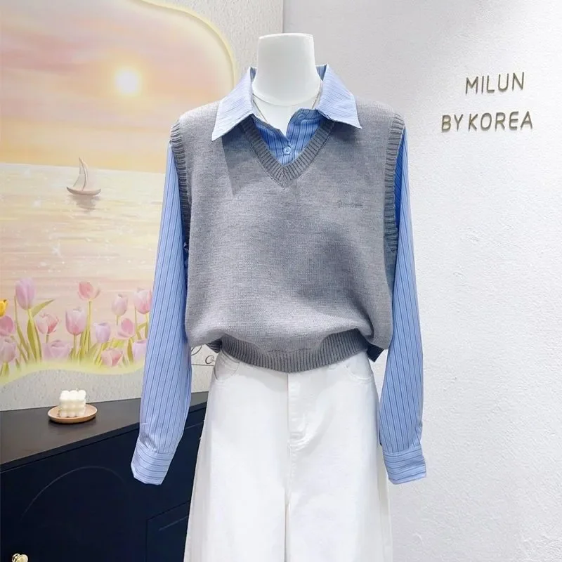 2025 Spring and Autumn New Fake Two-piece Design Shirt Polo Collar Knitted Sweater Chic Top