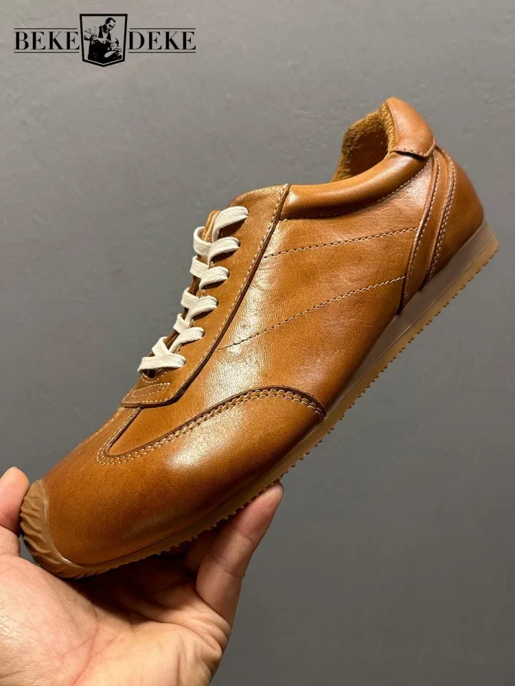 

Spring Mens Footwear Genuine Leather Casual Walking Shoes Round Toe Lace Up High Quality Horsehide Vintage Comfortable Sneakers