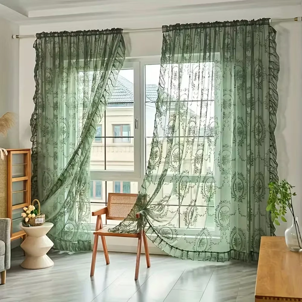 1pc Cure-Style Lace Window Curtain, Soft Floral Embroidery, Eye-Care Light, Plush Texture, Perfect for Bedroom & Guest Room