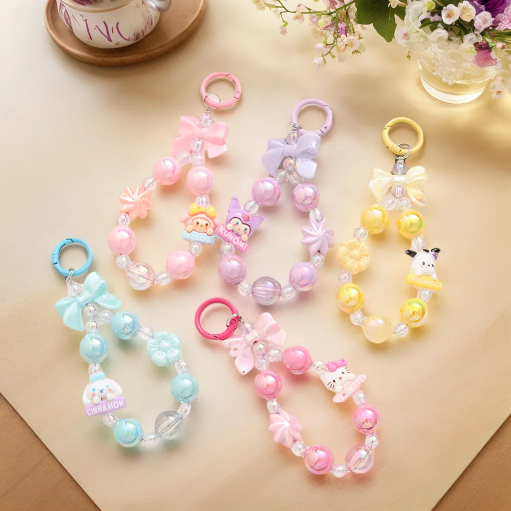 

Sanrio Hello Kitty Doll Cartoon Beaded Mobile Phone Case Pendant Cute Gift Student Bag Jewelry Key Chain Pendants Decor Keyring