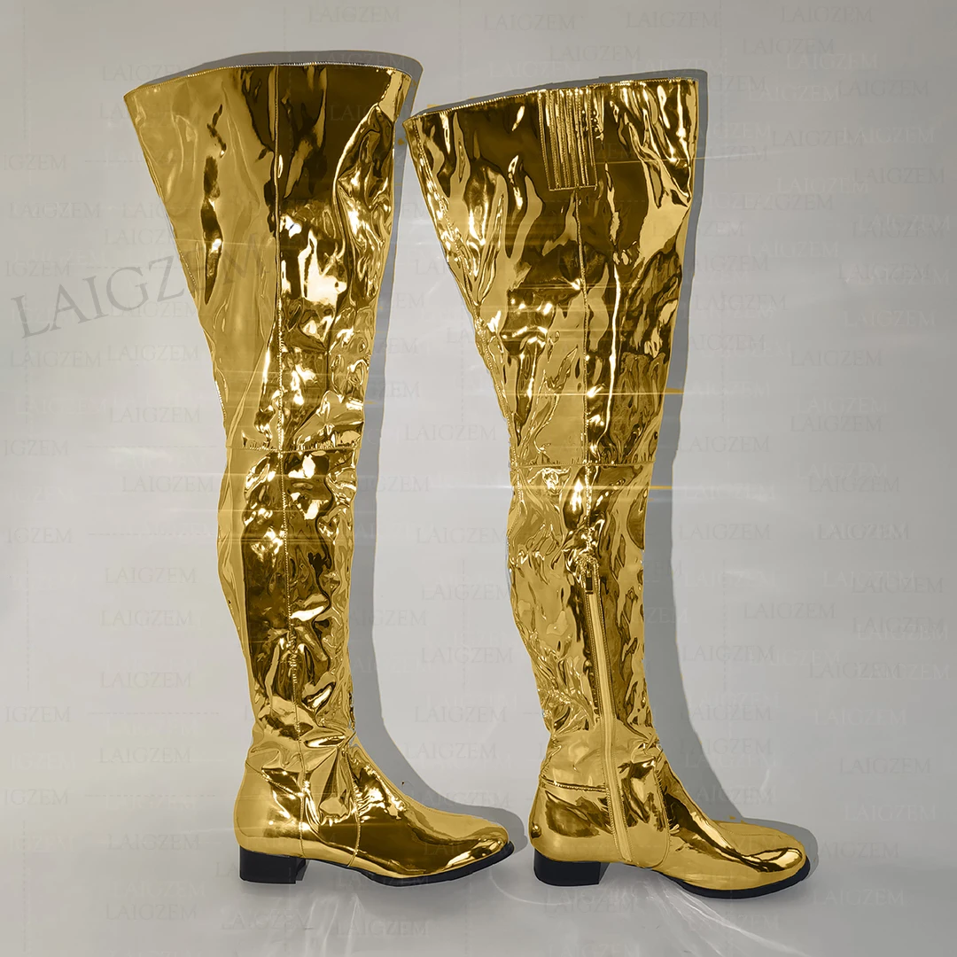 LAIGZEM Women Over Knee Boots Round Toe Side Zip Low Heels Boots Metallic Colors Ladies Shoes Woman Big Size 39 42 43 45 50 52