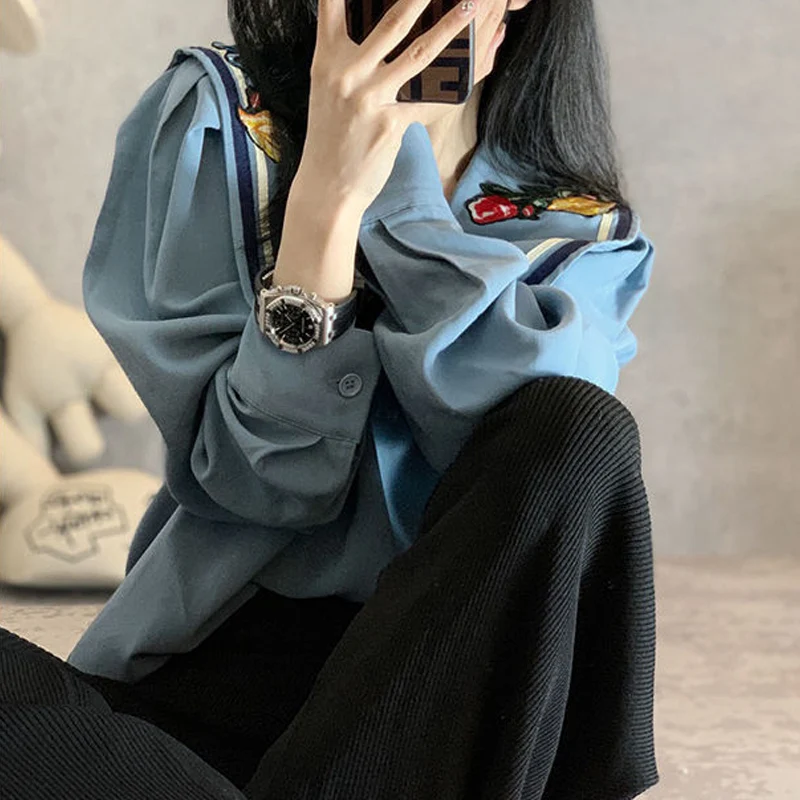 Spring Autumn New POLO Collar Fashion Long Sleeve Blouse Women High Street Casual Loose Printing Pullovers Elegant All-match Top