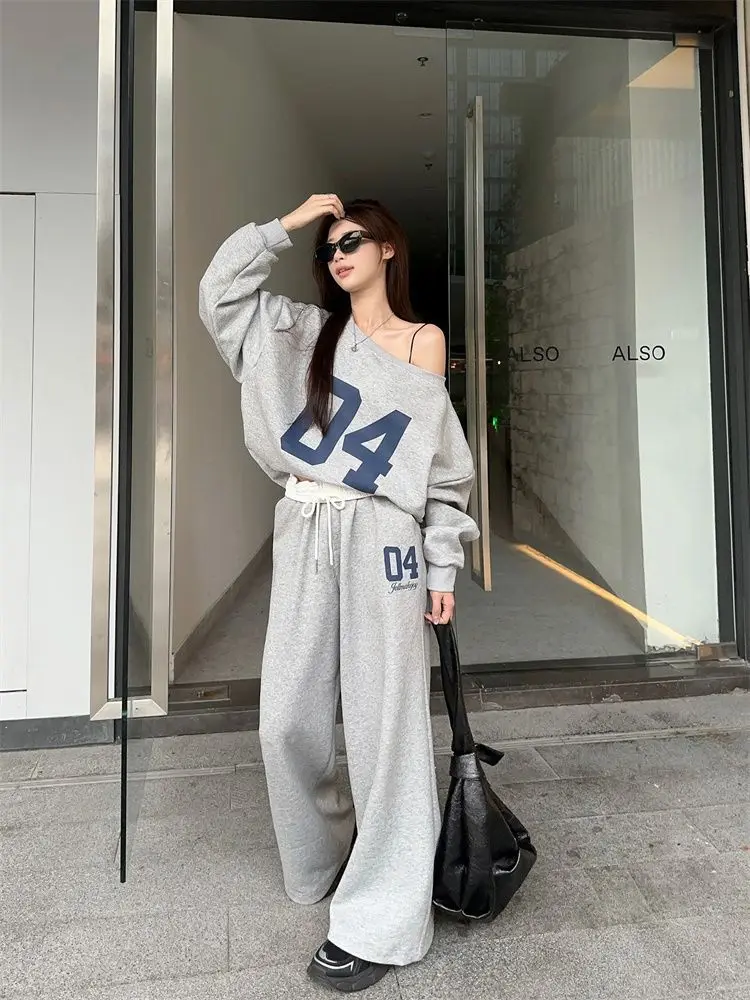 Autumn and Winter Set Women's Loose Printed Long Sleeved Top Drawstring Wide Leg Pants Casual Two Pieces