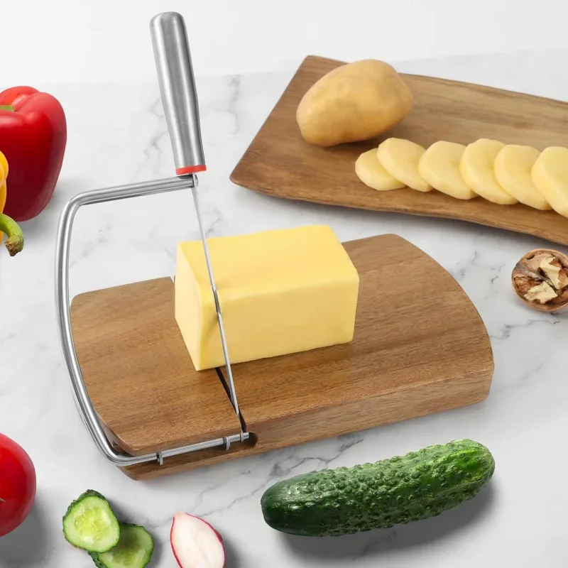 Acacia Wood Cheese Slicer Cutter for Block Cheese with Stainless Steel Blade,Cutting Board for Butter Vegetables Sausages Bread