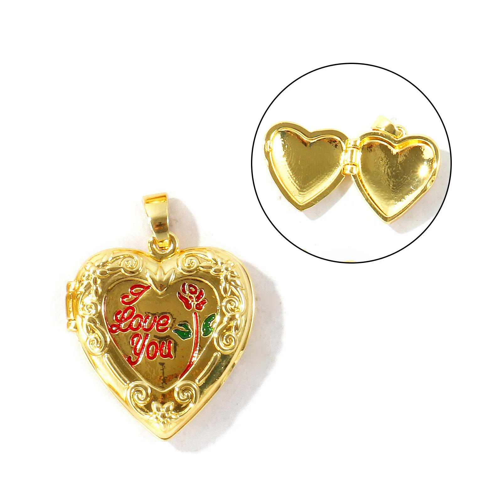 1 Stück Messing Valentinstag Bild-Foto-Medaillon-Anhänger Herz Blume 18K Vergoldet Öffnbar Charms DIY Halskette Großhandel – Detail 10