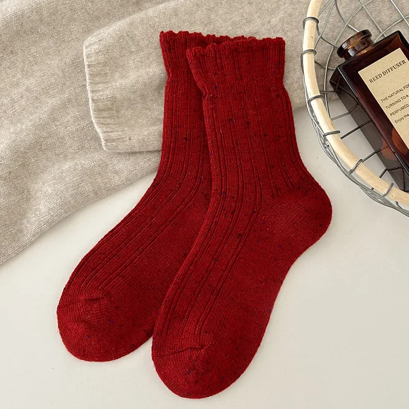 Winter Warm Women Socks Wool Thicken Solid Color Socks Retro Middle Tube Merino Wool Girls Socks Against Cold Snow Terry Sox