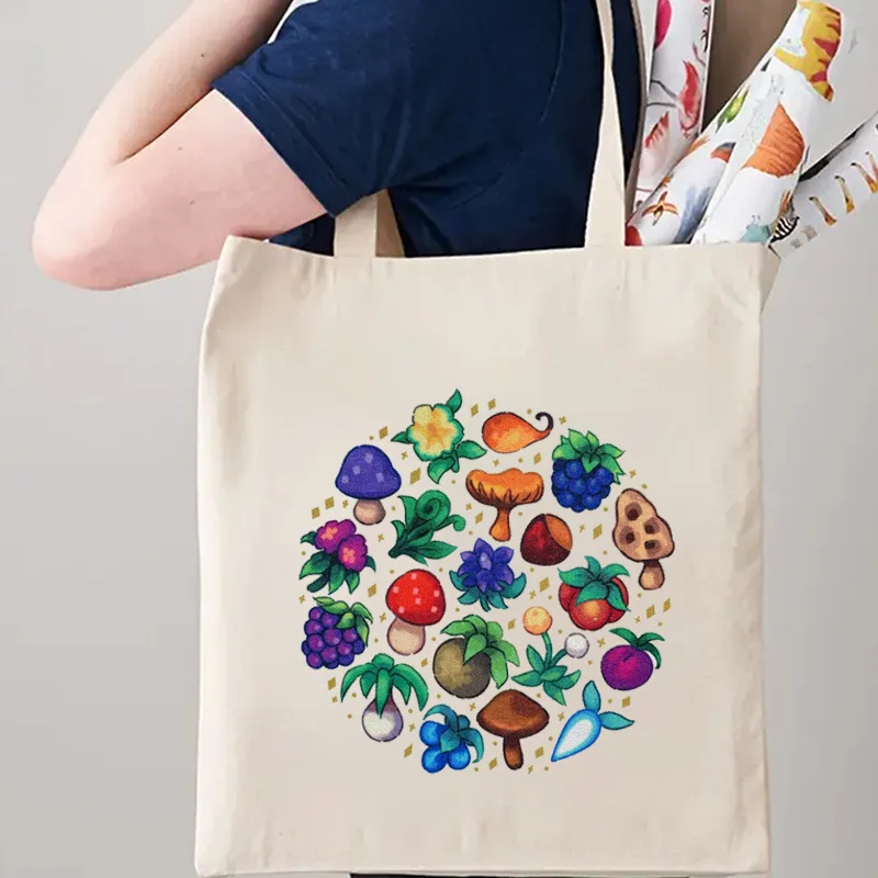 Colorful Mushroom Berry Circle Canvas Tote Bag Botanical Vegetable Print Reusable Shopping Shoulder Handbag for Grocery Daily