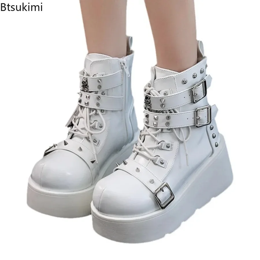 2024 Ladies Wedges High Heels Boots Metal Decor Buckle Punk Platform Females Boots Party Gothic Street Woman Shoes Knight Boots