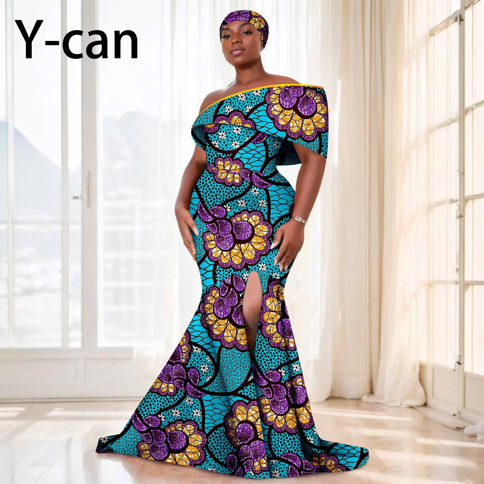 African Dresses for Women Festival Party Dashiki Ankara Print Off Shoulder Dress with Headwrap Wedding Bridal Dress 2425159